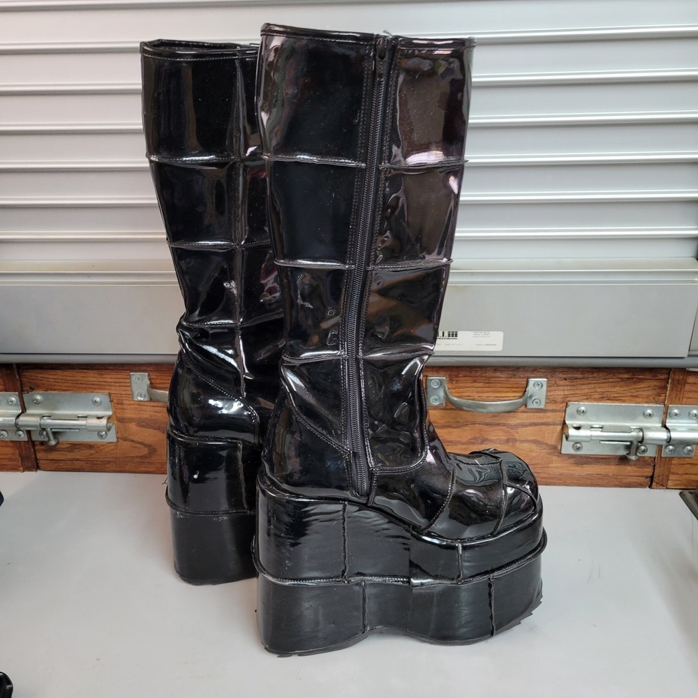 Demonia STACK-301 Mens Black Patent‎ Platform Wedge Knee High Goth Boots Size 8